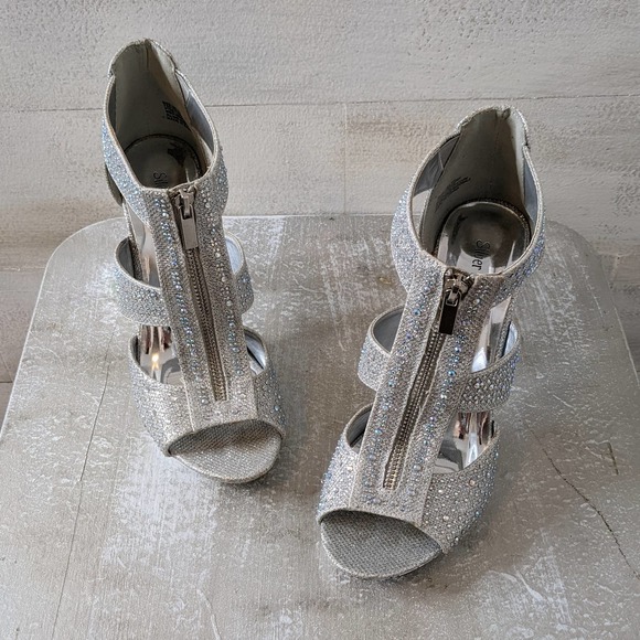Silver Slipper Zip Up Rhinestone Glitter High Cut Sandal Size 8.5M - Picture 1 of 6